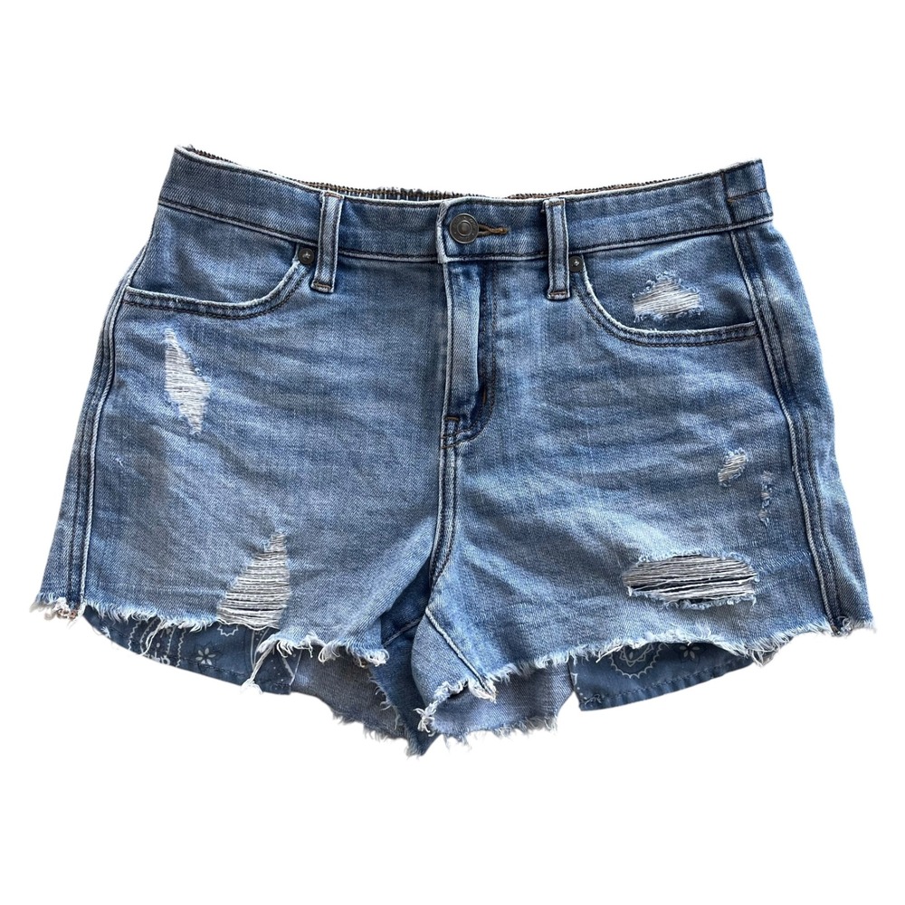 Aerie Womens XS Light Wash Denim Distressed Raw Hem Paisley Pockets Denim Shorts